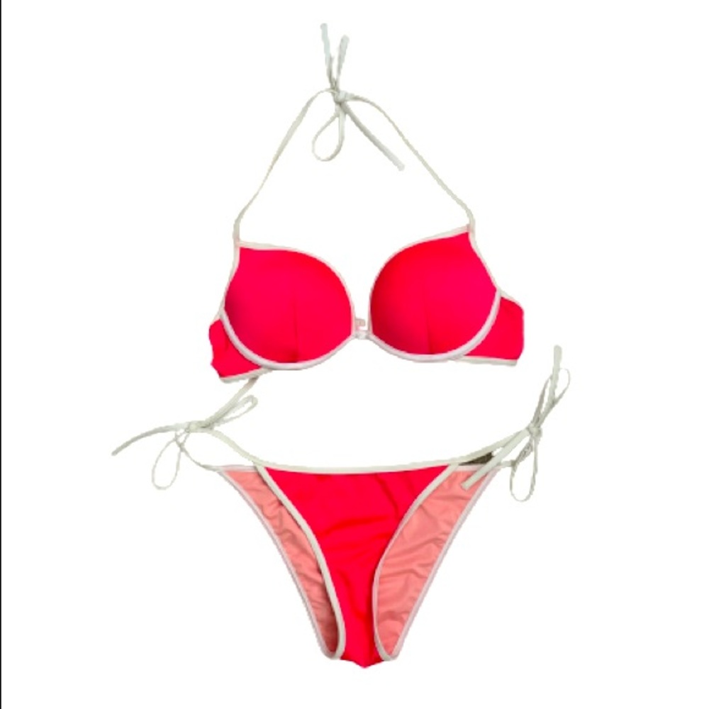 Victoria’s Secret Push-up Bikini Top and String Bottom Hot Pink/White S NWOT